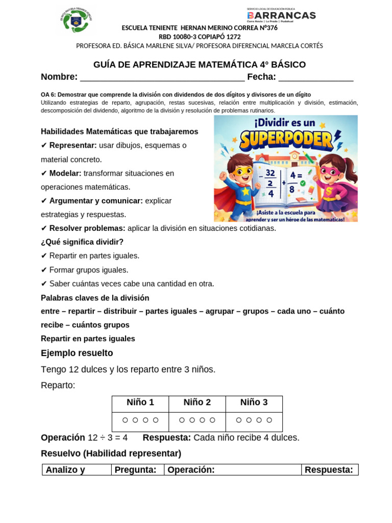 OA 6 DIVISIONES GUÍA DE APRENDIZAJE MATEMÁTICA 4 | PDF | División ...