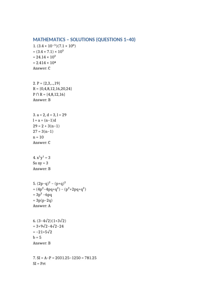 Mathematics Solutions Q1-40 | PDF