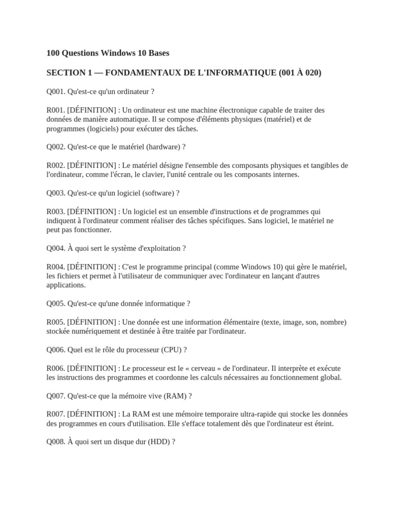 100 Questions Windows 10 Bases | PDF | Matériel informatique ...