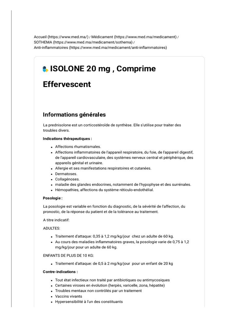 ISOLONE 20 MG, Comprime Effervescent Au Maroc MAJ 2026 | PDF ...