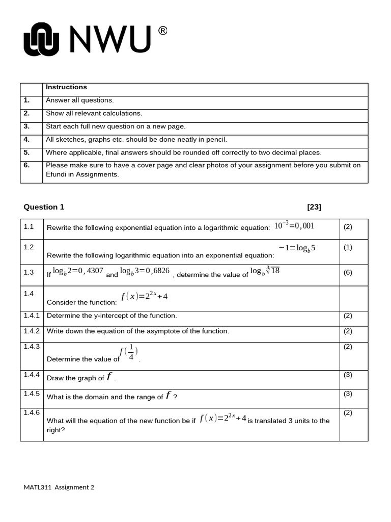 MATL311 Assignment 2 (3) | PDF | Logarithm | Function (Mathematics)