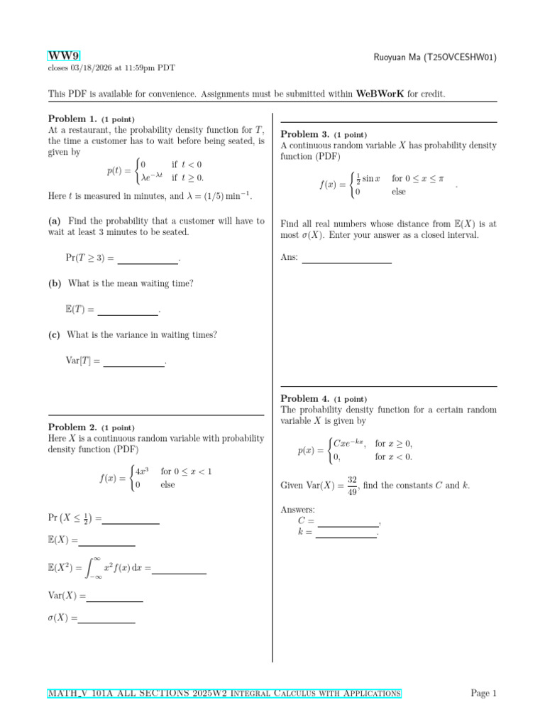 2025w2 v Math v 101a All Sections 2025w2.t25ovceshw01.Ww9 | PDF | Limit ...