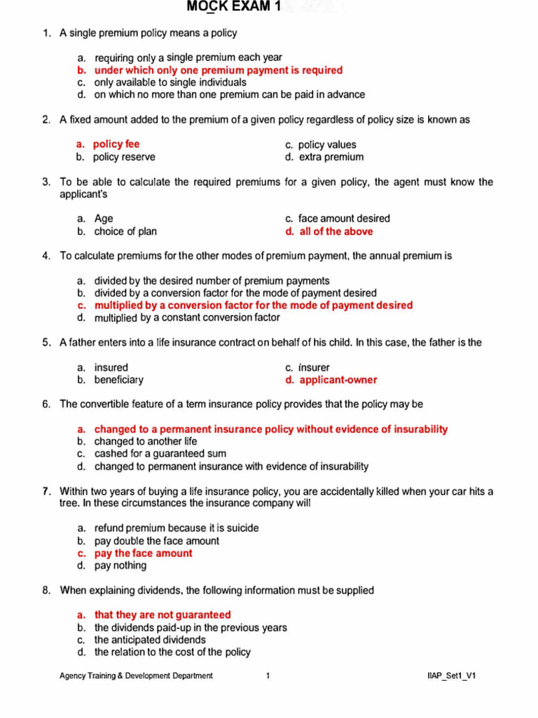 IIAP 100 Reviewers Mock 1 (2) | PDF | Insurance | Life Insurance