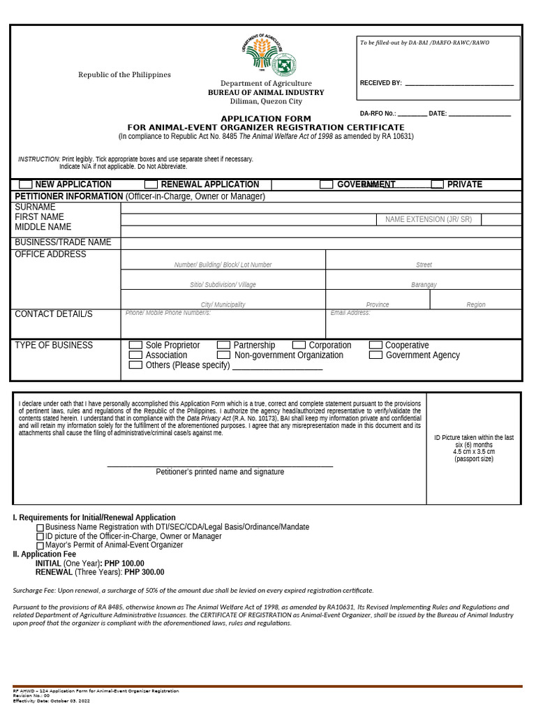 RF AHWD-124 Application For Animal-Event Registration Form Revision 00 ...