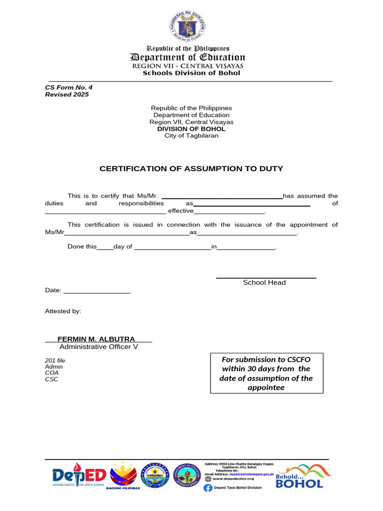CS Form No. 4 Revised 2025 Certification of Assumption to Duty | PDF
