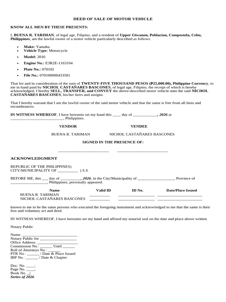 Deed of Sale of Motor Vehicle | PDF | Natural Resources Law | Property Law