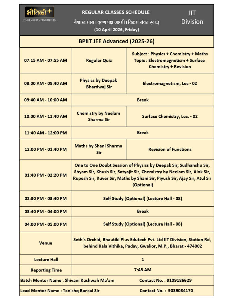 Regular Classes Schedule BPIIT JEE Advanced Batch (2025-26) (10!04!2026 ...