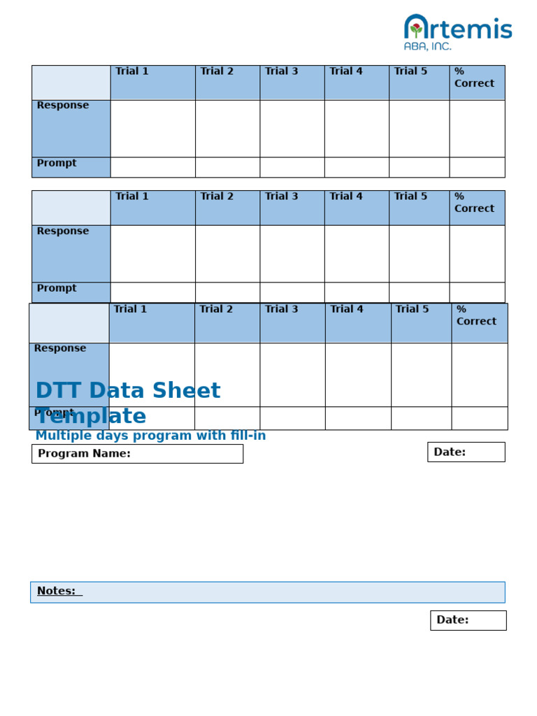 DTT Data Sheet Template - Multiple Days Program With Fill-In Response ...