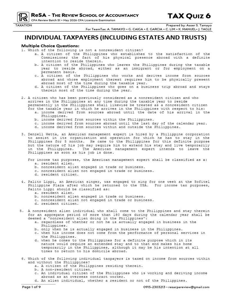 TAX Quiz 6 - Individual Taxpayers | PDF | Tax Deduction | Gross Income