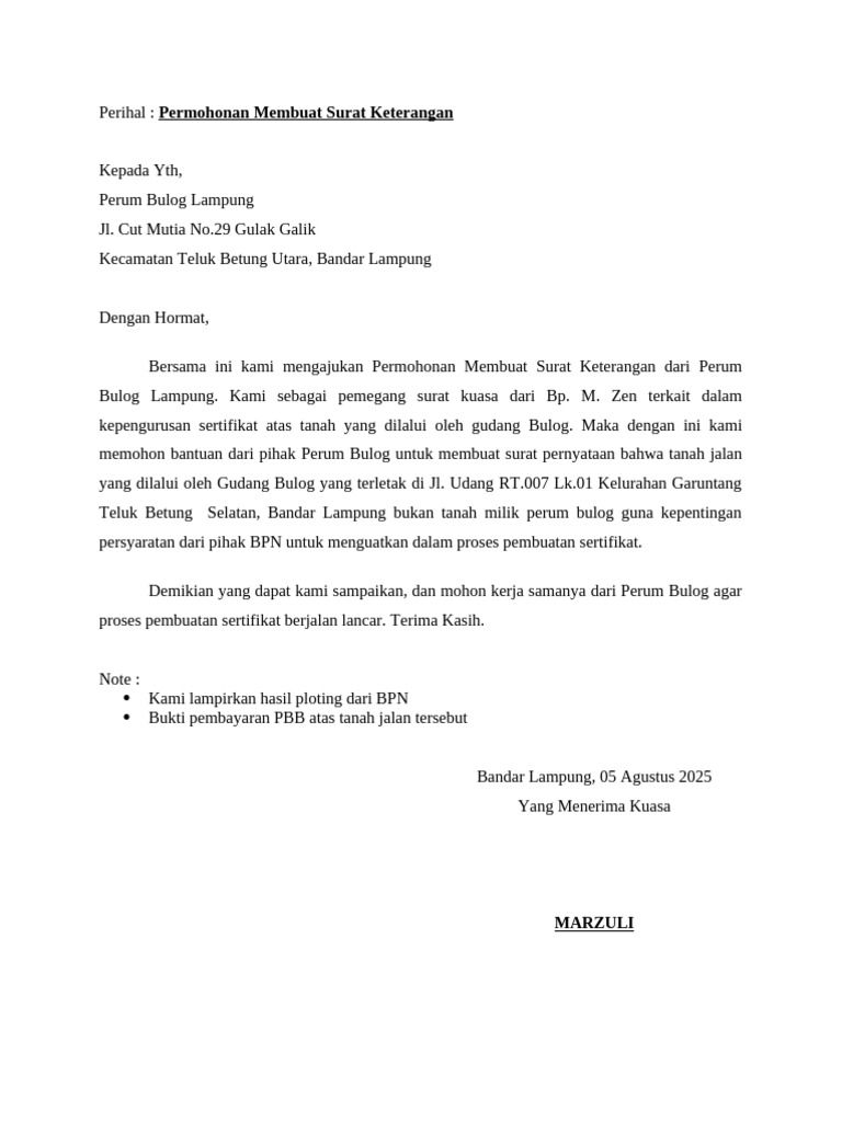 Permohonan Membuat Surat Keterangan BULOG | PDF