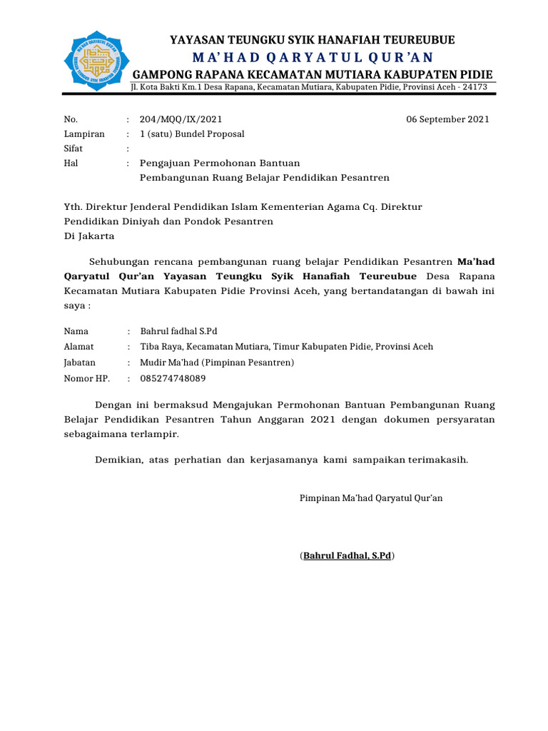 Permohonan MQQ 2021 Kemenag Ruang Belajar | PDF