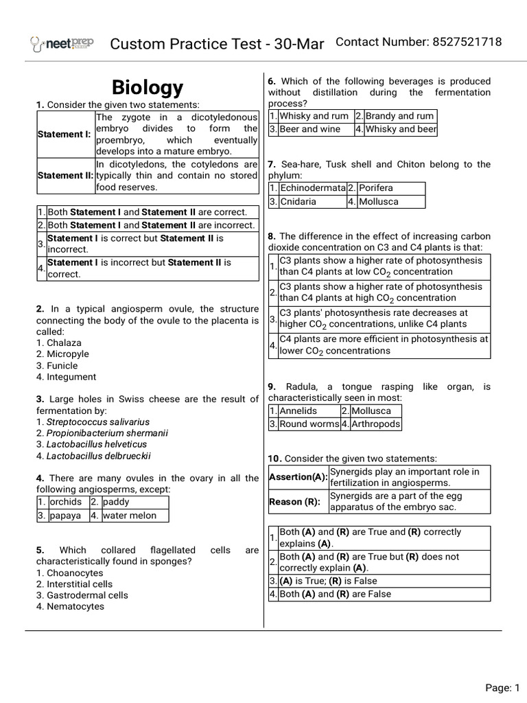 Custom Practice Test 30 Mar | PDF | Fertilisation | Flowers