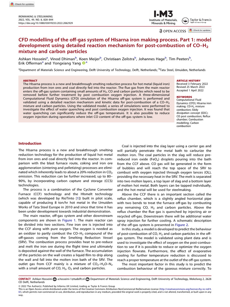Hosseini Et Al 2022 Cfd Modelling of the Off Gas System of Hisarna Iron ...