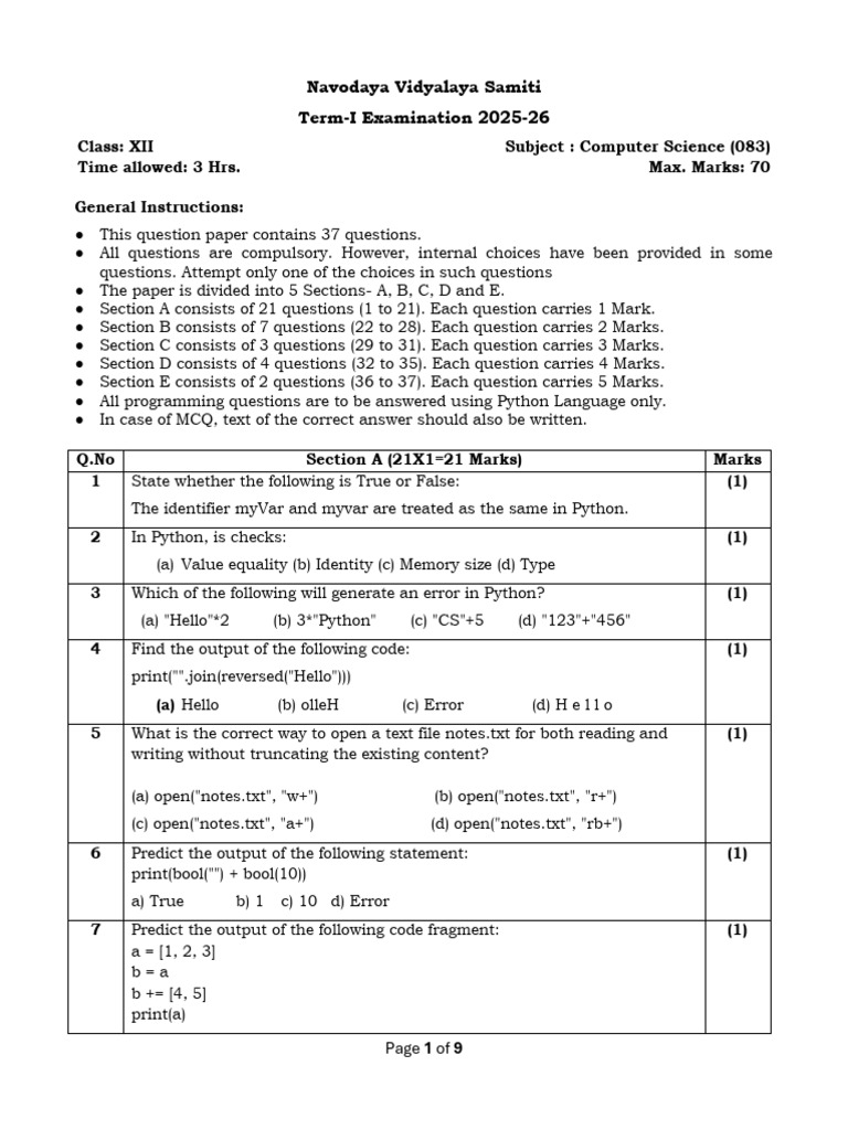QP Computer Science Class 12 | PDF | Computer Network | Computing