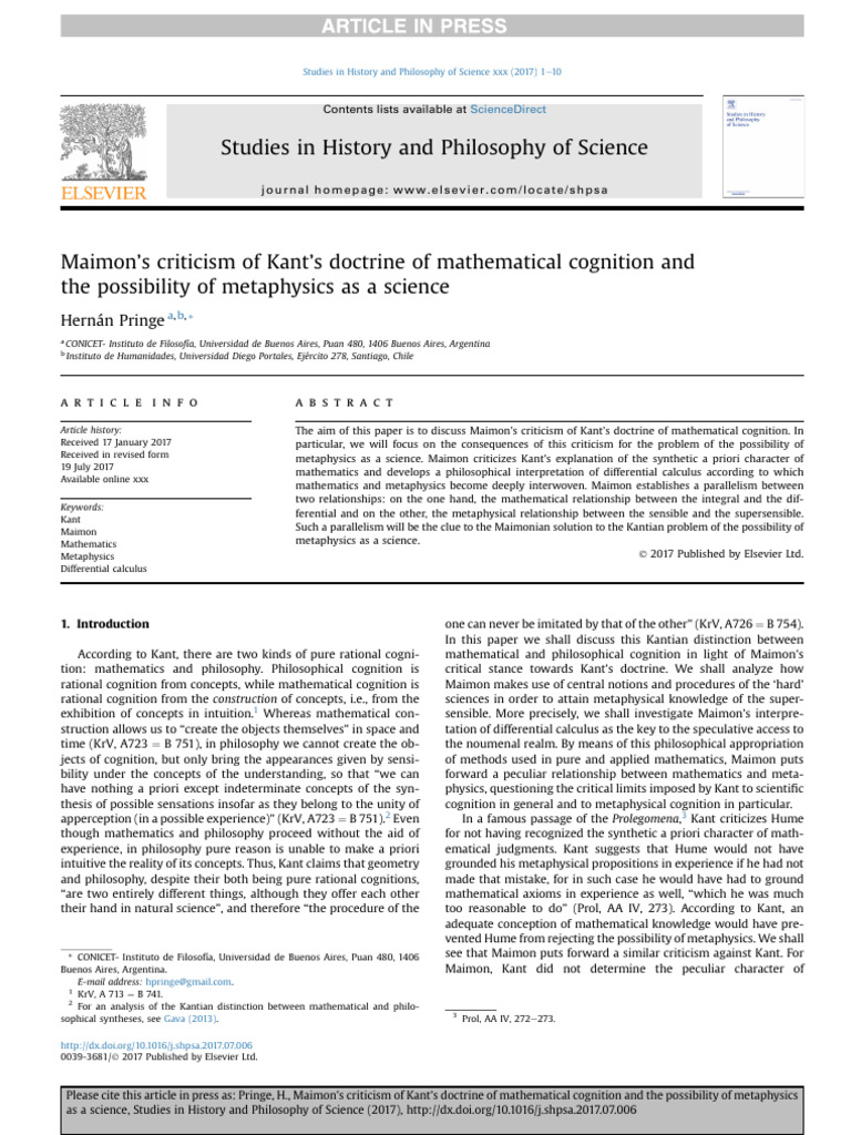 Maimon's Criticism of Kant's Doctrine of Mathematical Cognition and the ...