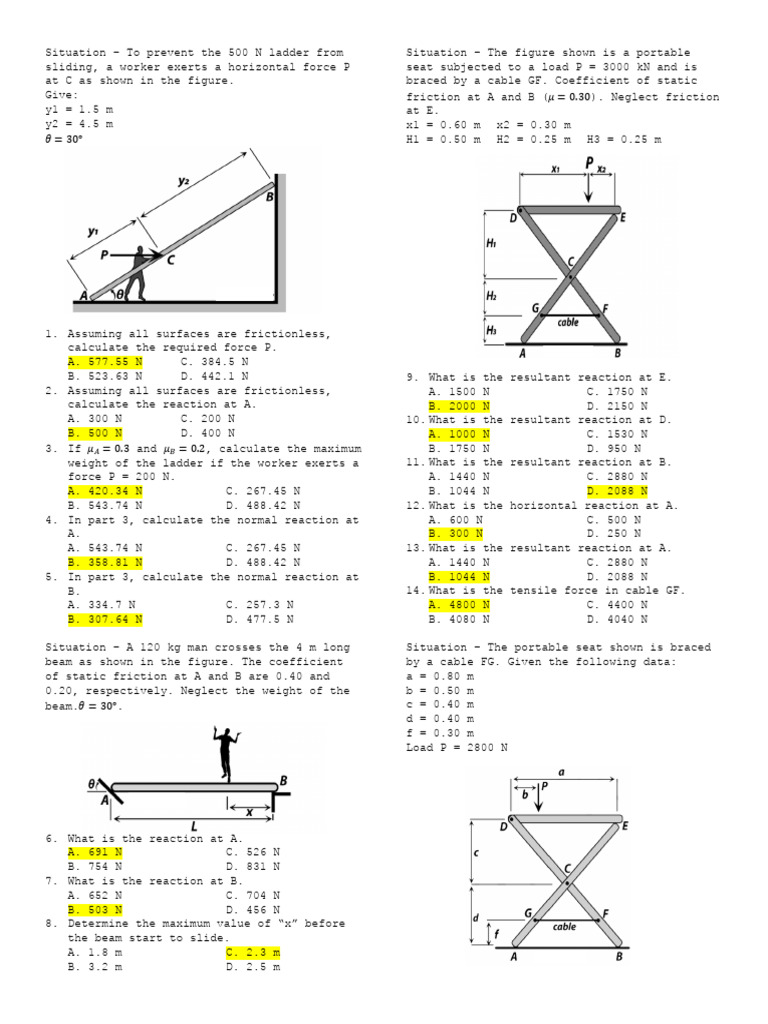 Statics (Friction & Cables) Practice Problems | PDF | Friction | Beam ...