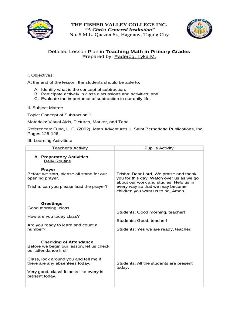 Sample Detailed Lesson Plan (3) | PDF | Subtraction | Elementary ...