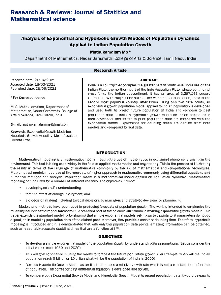 Analysis of Exponential and Hyperbolic Growth Models of Population ...