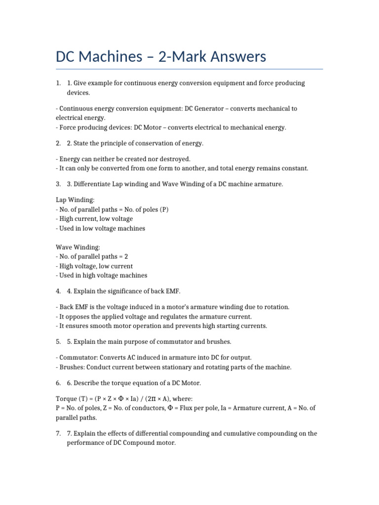 DC Machines 2 Mark Answers | PDF | Electric Motor | Electric Power