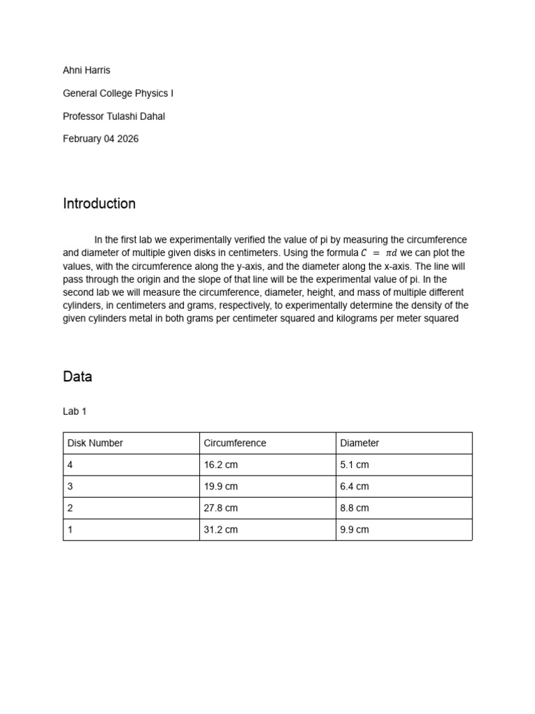 Physics Lab 1 | PDF | Density | Pi