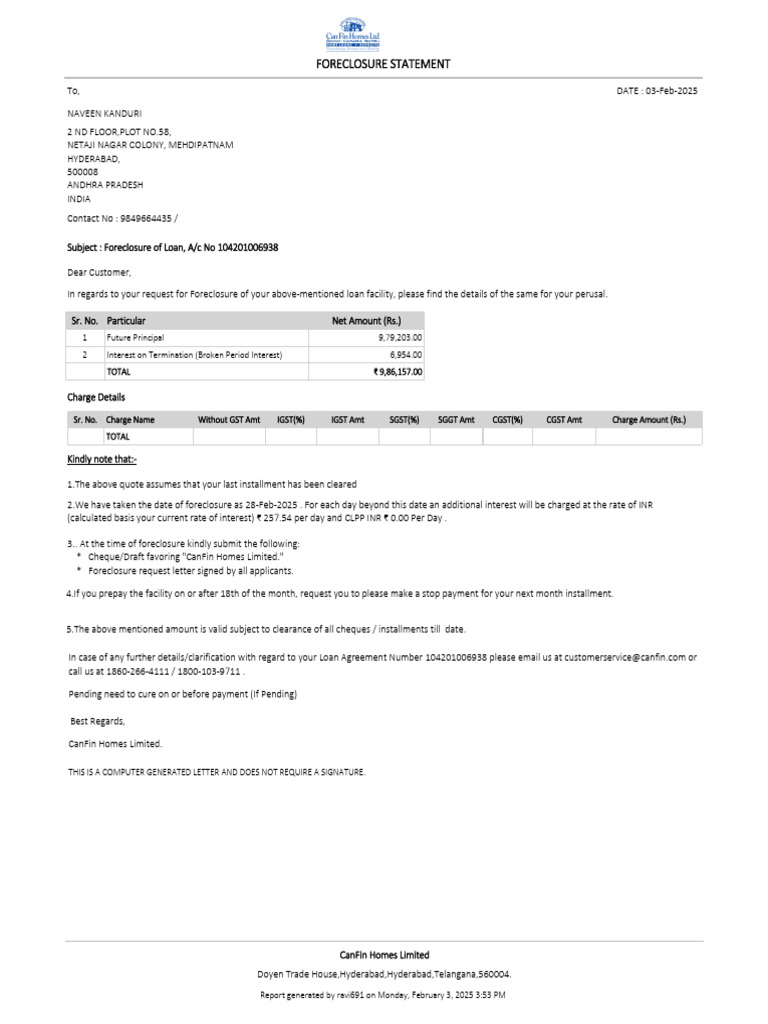 Fore Closure Letter | PDF | Financial Services | Personal Finance