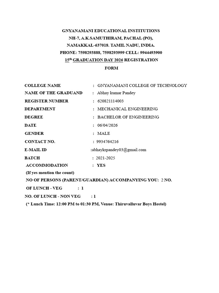 Abhay Kumar Pandey Graduation Registration Form | PDF