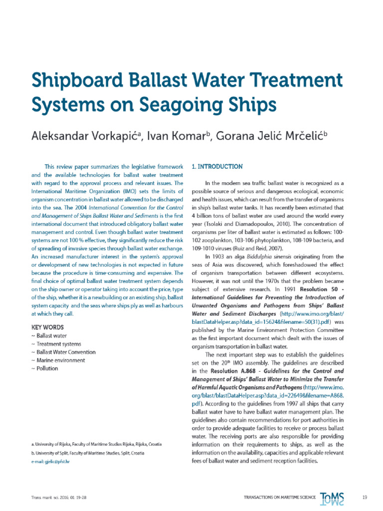 Shipboard Ballast Water Treatment Systems on Seagoing Ships | PDF