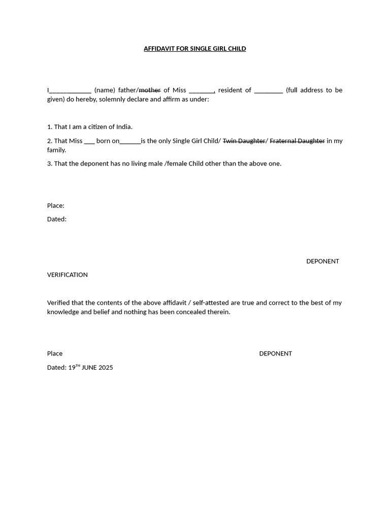Affidavit For Single Girl Child | PDF
