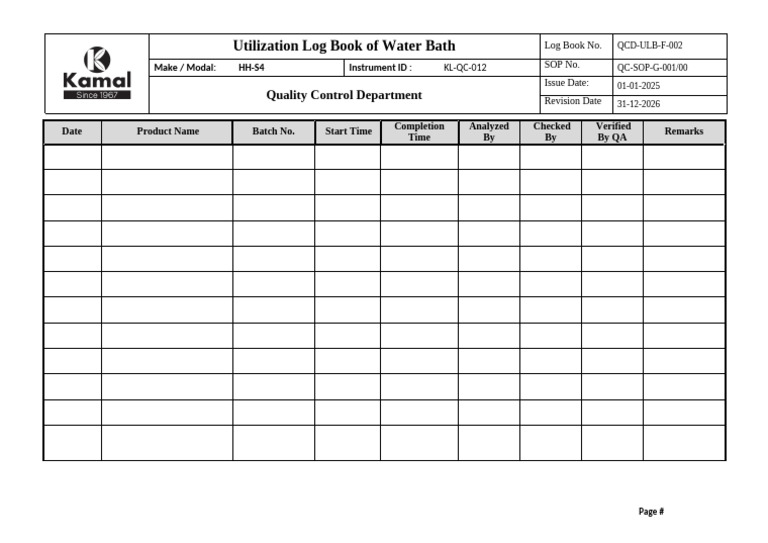 Utilization Log Book Water Bath | PDF
