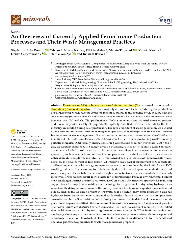 Overview of Ferrochrome Production Process (Du Preez Et Al 2023) | PDF ...