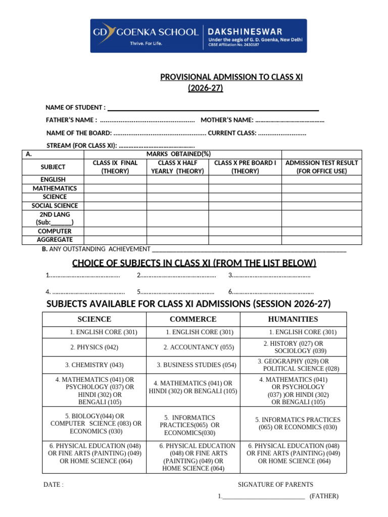 Class Xi_provisional Admission Form 26-27 (New- External) | PDF | Science