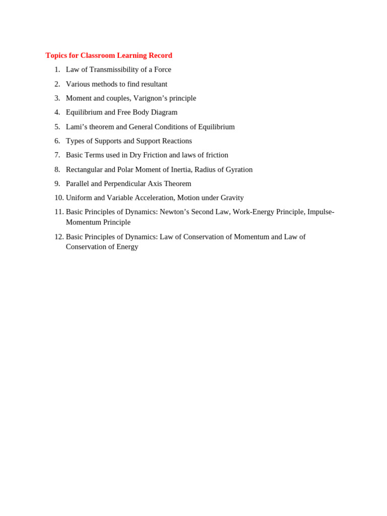 Topics for Classroom Learning Record | PDF