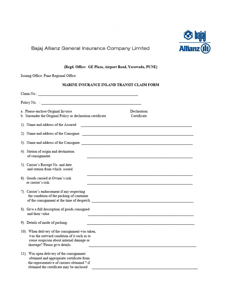 Bajaj Allianz Marine Inland Transit Insurance Claim Form | PDF
