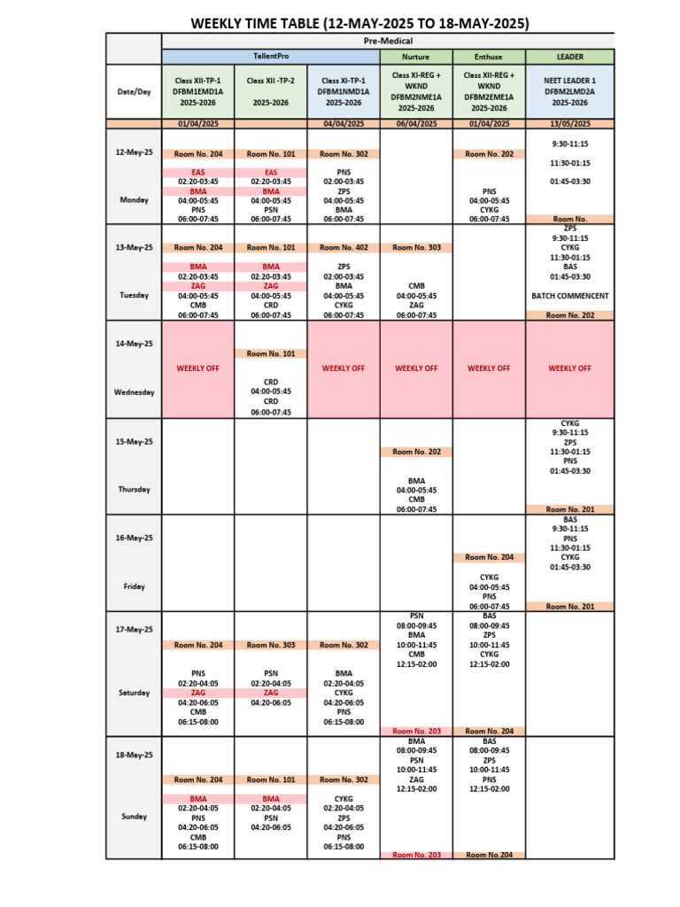 Neet Time Table 12 May to 18 May | PDF