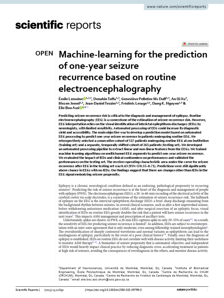 Machine‑Learning for the One Seizure Recurrence on EEG | PDF ...