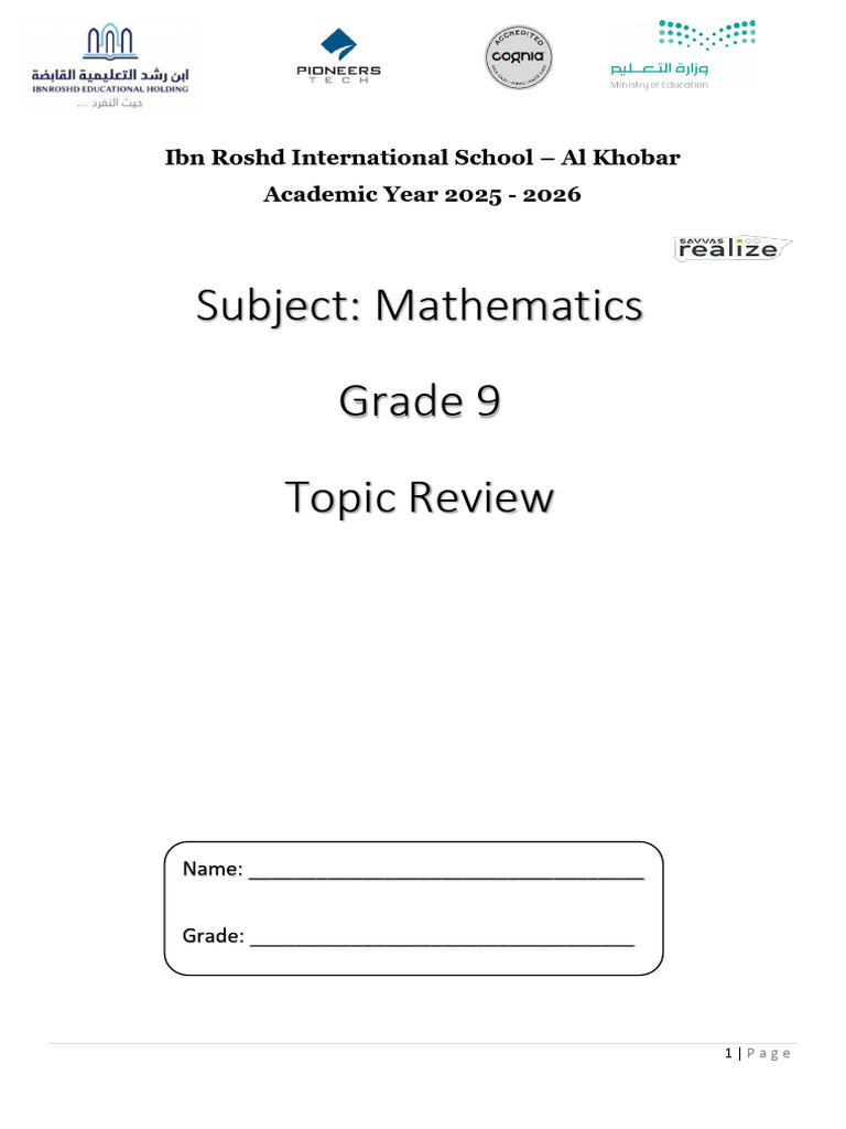 Gr 9 Mathematics Practice Sheet Ans, Key Midterm Term 2 AY 25 26 | PDF ...