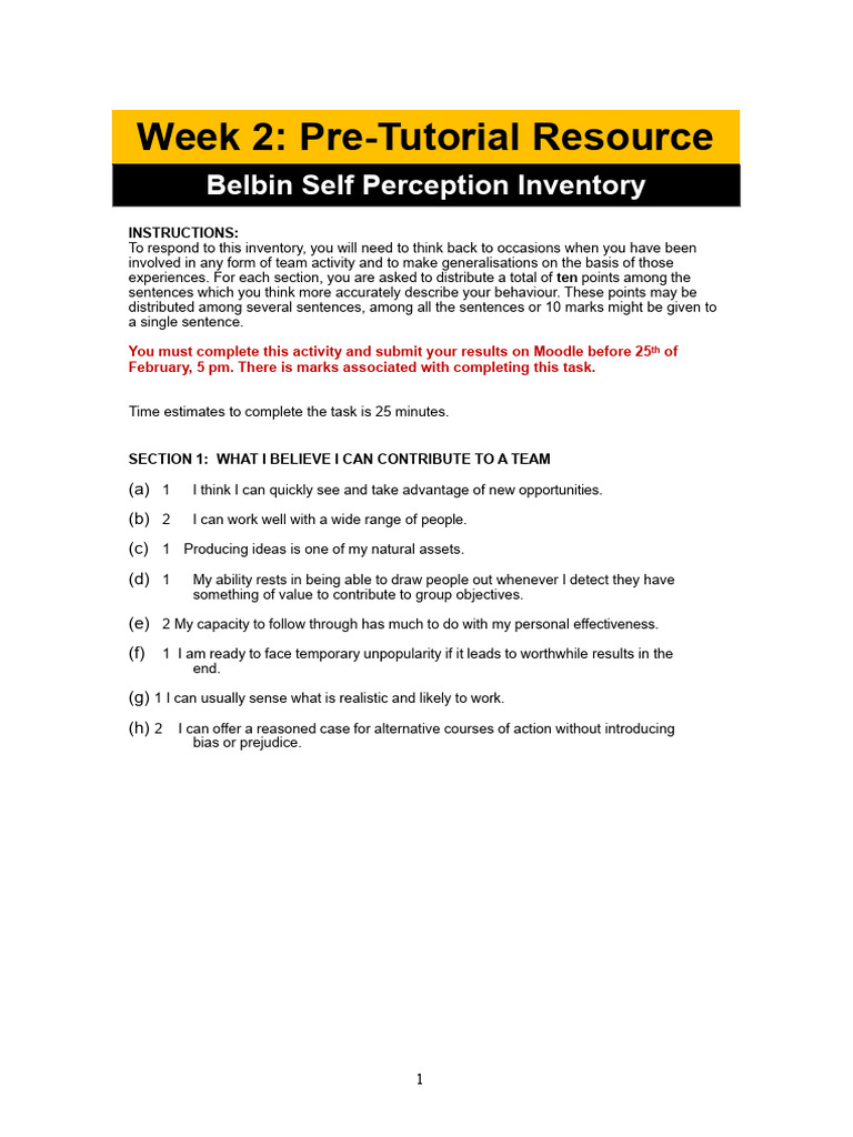Week 2 Pre-Tutorial Resource - Belbin Self Perception Inventory Survey ...