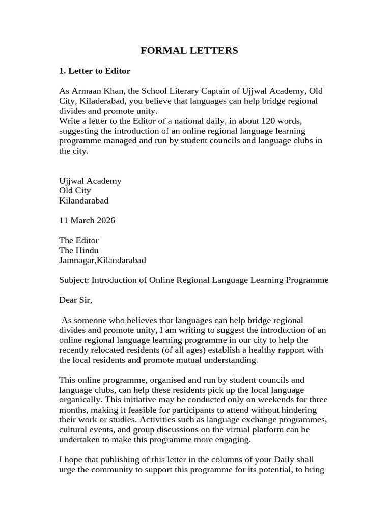Formal Letter Notes Grade 10 CBSE NCERT | PDF