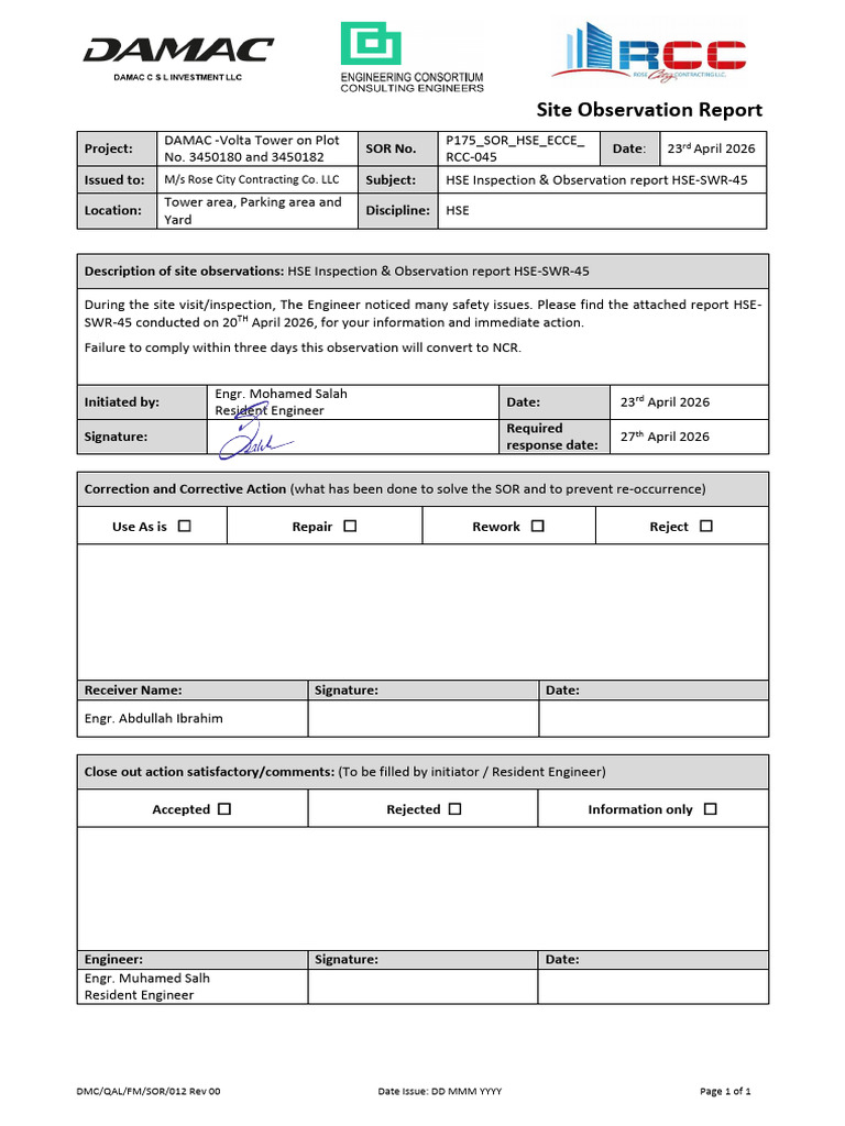 P175 SOR HSE ECCE RCC 045 HSE Inspection & Observation Report HSE-SWR ...