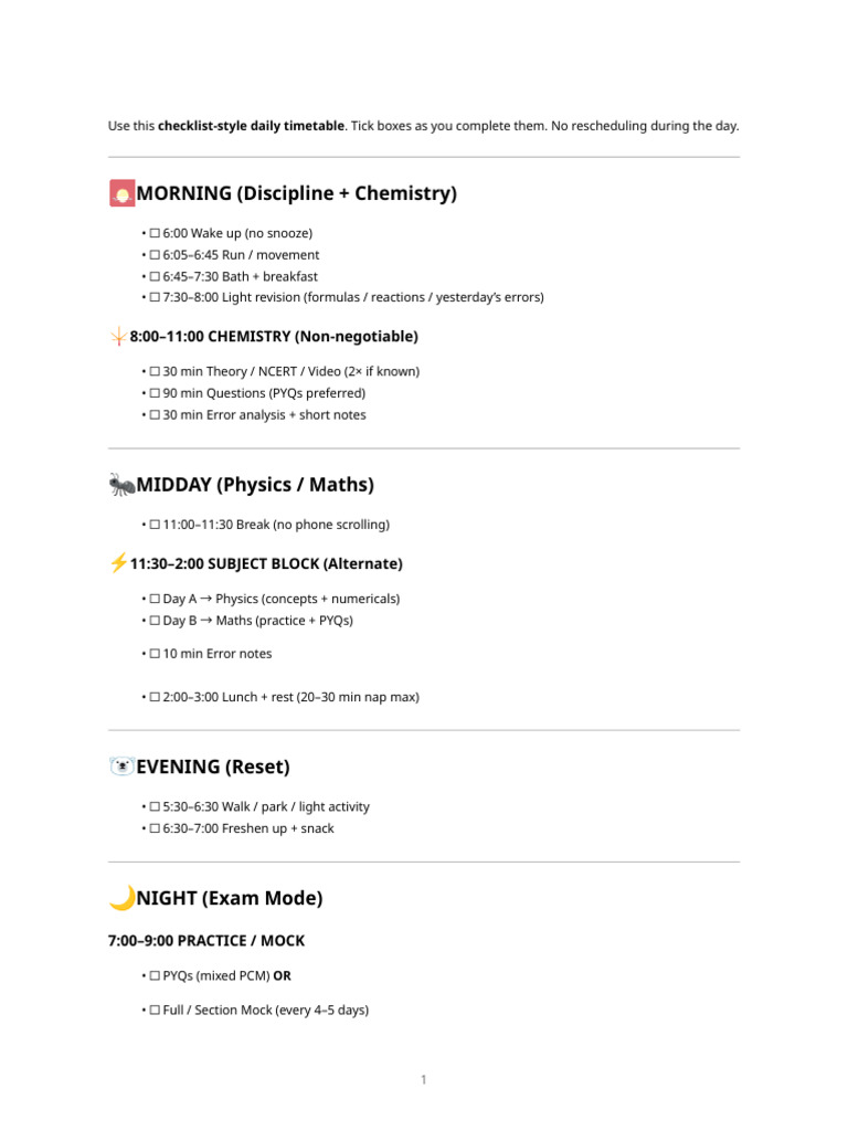 Daily Jee Timetable – Checklist Format | PDF