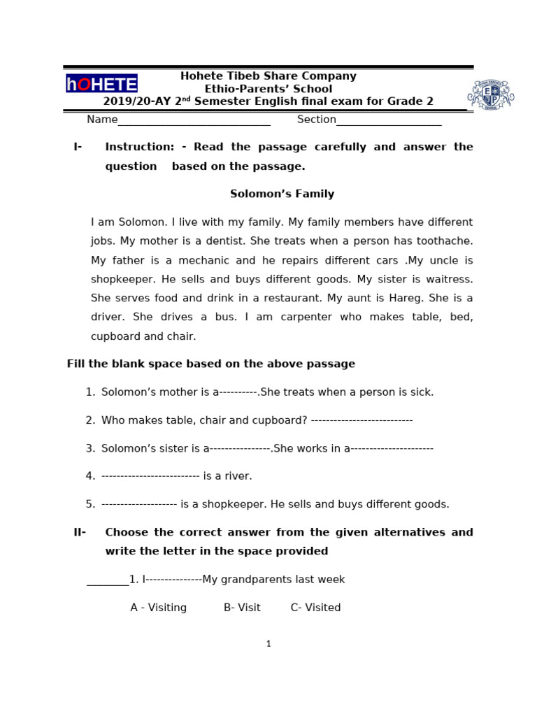 Grade 2 English Final Exam | PDF | Language Mechanics | Grammar