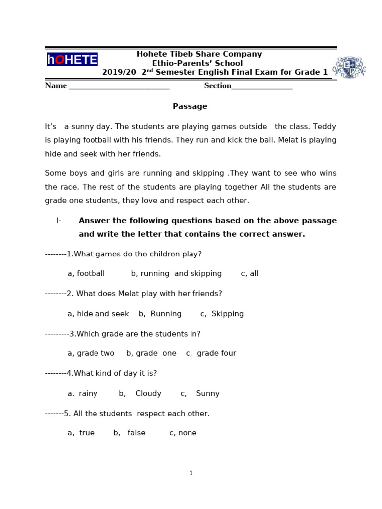 Grade 1 English Final Exam | PDF | Clothing
