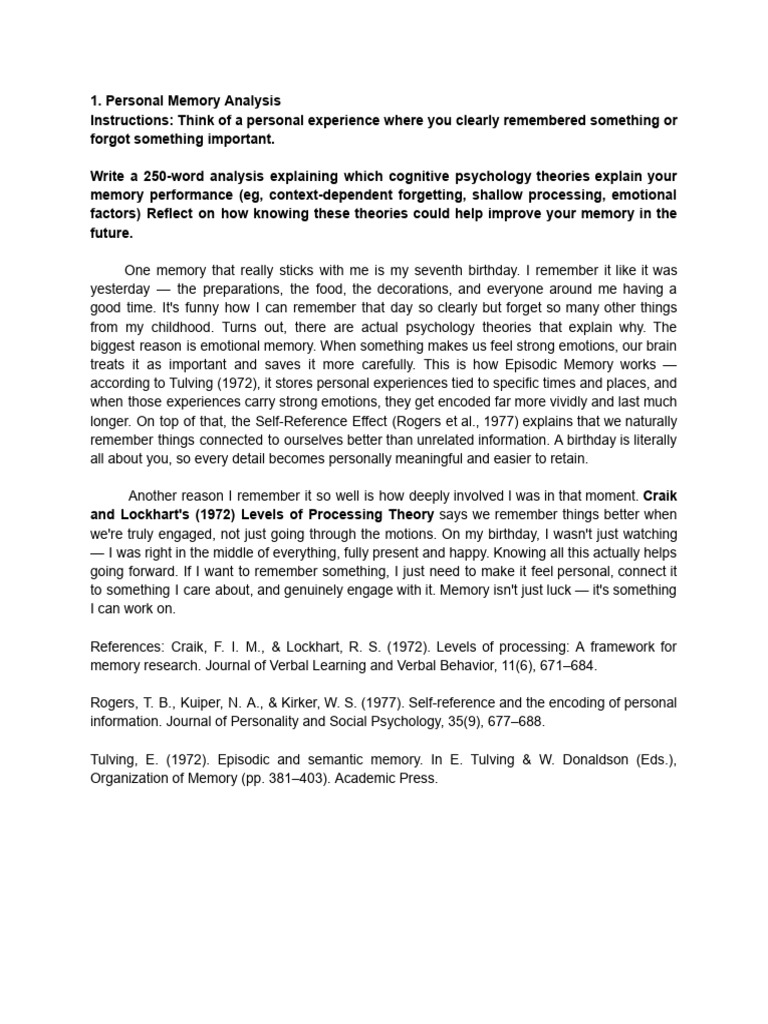 Personal Memory Analysis | PDF | Memory | Psychological Concepts