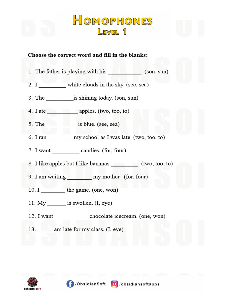 Key. Homophones Worksheets | PDF