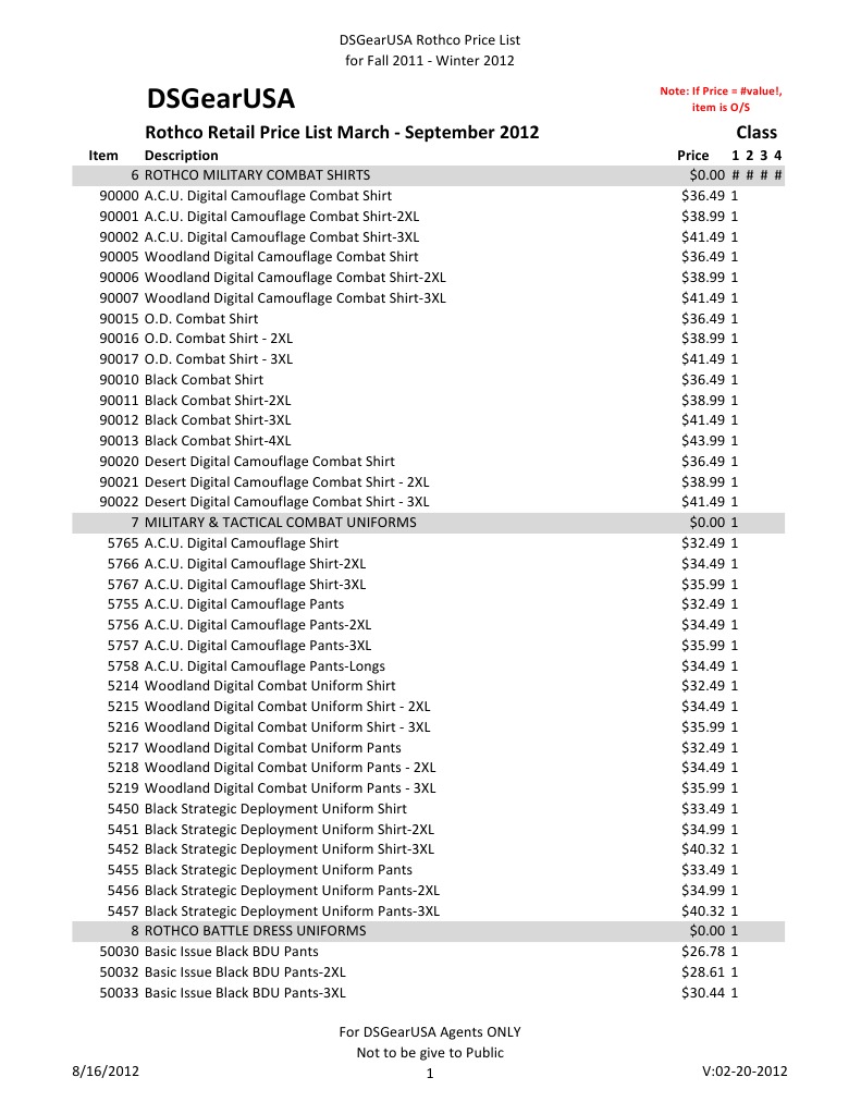 DSG Price List Database New 8-16-2012 | PDF | Camouflage 