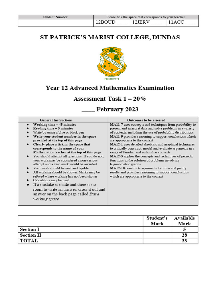 Year 12 Task 1 2023 | PDF | Function (Mathematics) | Probability ...