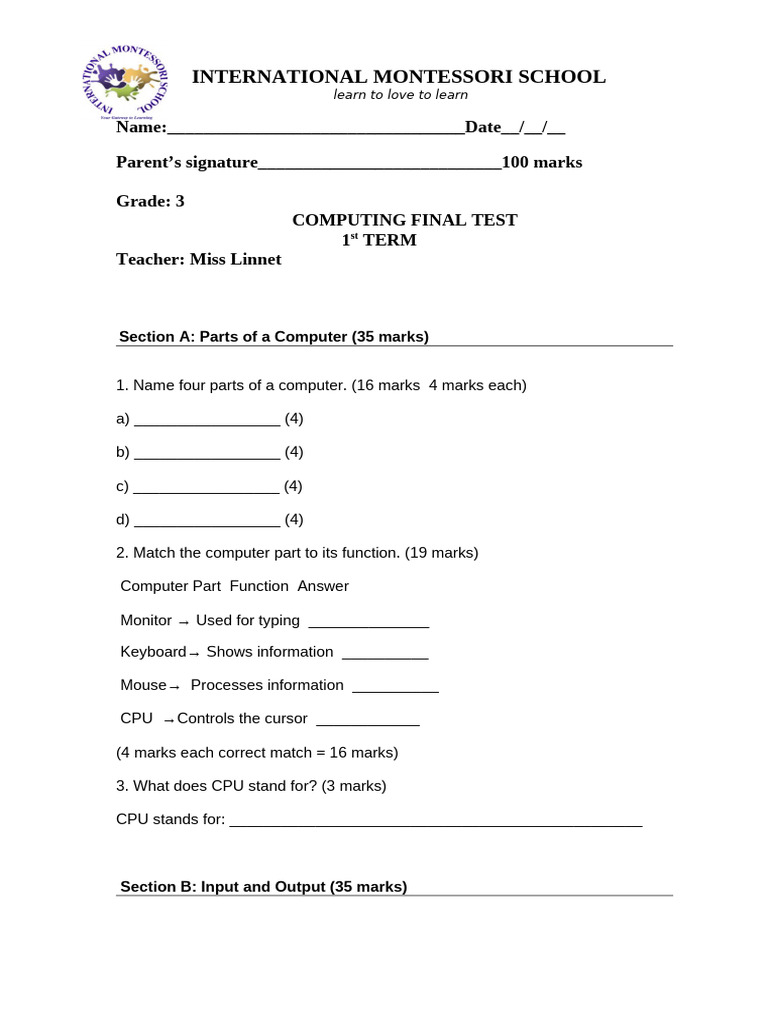 Grade 3 Computing Final Test Apr | PDF