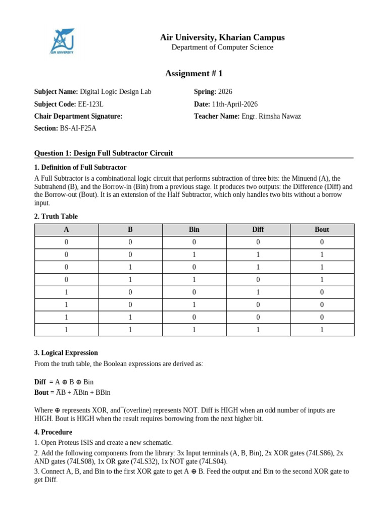 Assignment 1 DLD Solved | PDF | Subtraction | Electronic Design