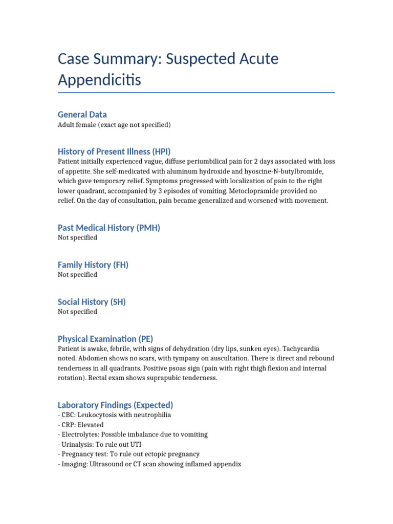 Appendicitis Case Summary | PDF
