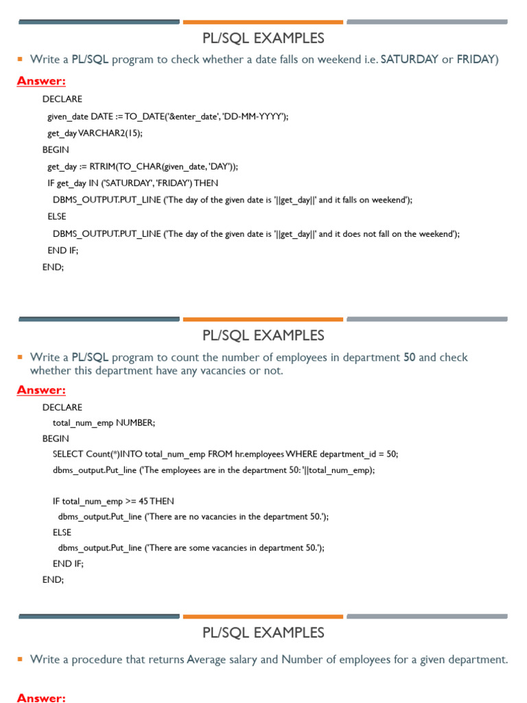 Examples for Practical Exam | PDF | Pl/Sql | Computer Programming